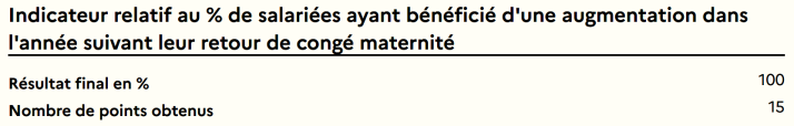 Indicateur n°3 : Pourcentage de salariés ayant bénéficié d’une augmentation dans l’année suivant leur retour de congé maternité. 15/15